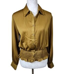 Who What Wear Button Front Smocked Waist Ruffle Shirt Mustard Gold Size M